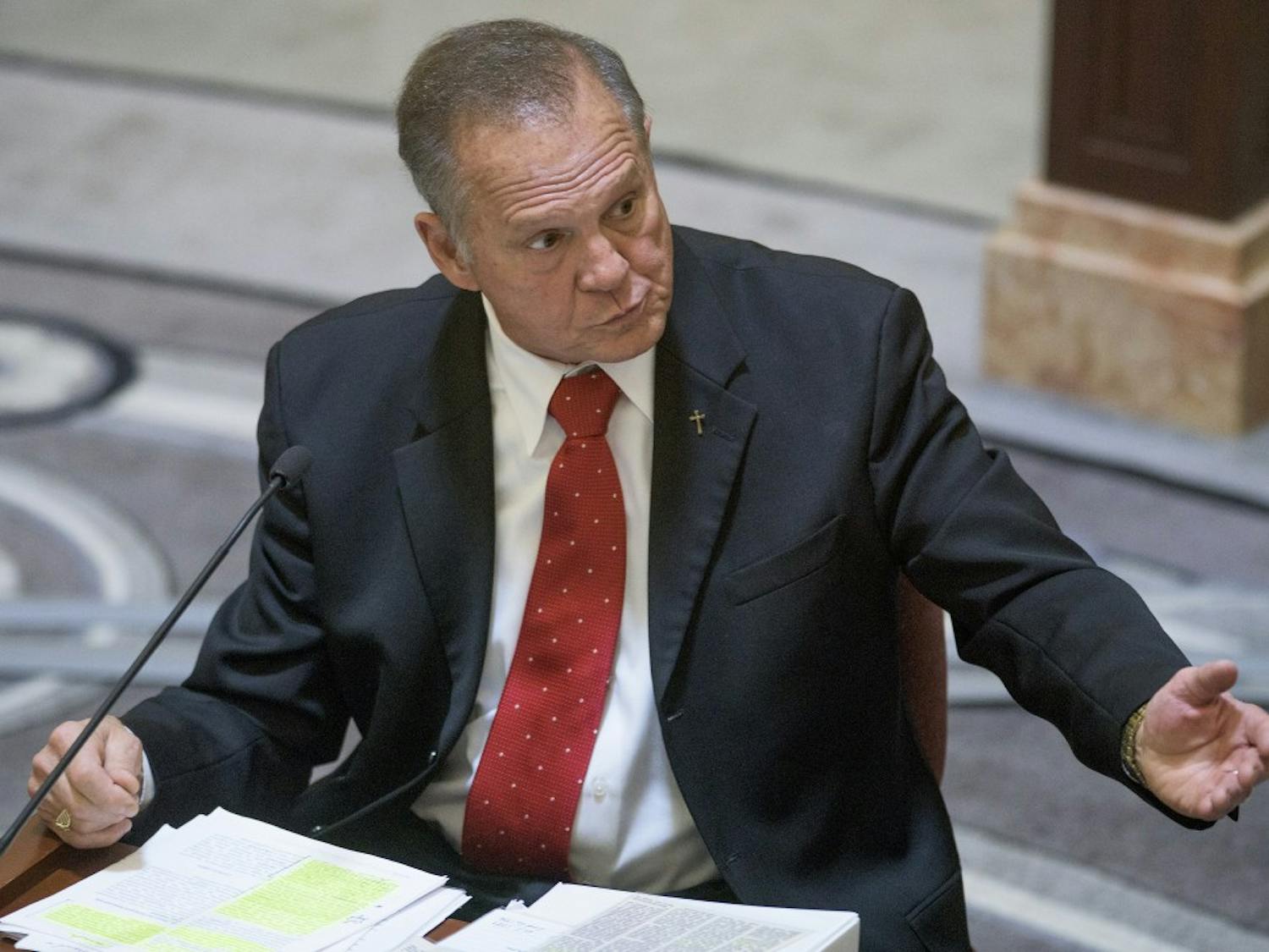 Embattled Alabama Chief Justice Roy Moore testifies during his ethics trial at the Alabama Court of the Judiciary at the Alabama Judicial Building in Montgomery, Ala., on Wednesday September 28, 2016.