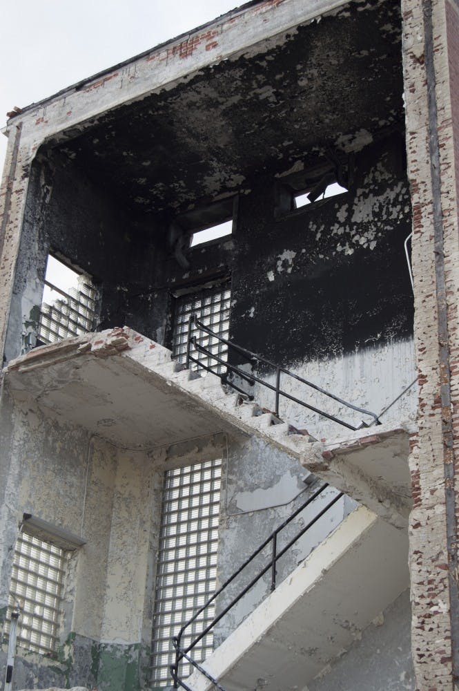 The remains of Pepperell Mill, which burned down in 2013, are still abandoned.
