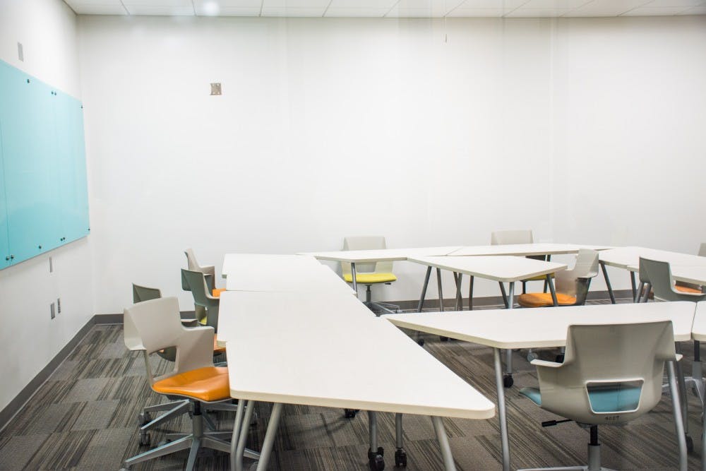 A Mell building classroom is empty on Sunday, Feb. 4, 2018, in Auburn, Ala.