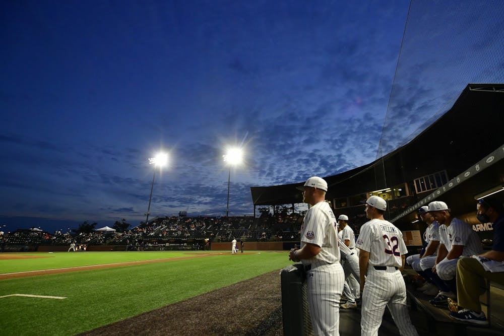 <p>View of the sky from the dugout during the game between Auburn and North Alabama at Plainsman Park on May 18, 2021; Auburn, AL, USA. Photo via: Shanna Lockwood/AU Athletics</p>