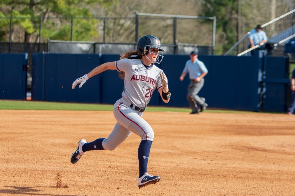 <p>Rachel Cook (20) runs to third base during Auburn softball vs. Villanova on Friday, Feb. 22, 2019, in Auburn, Ala.</p>