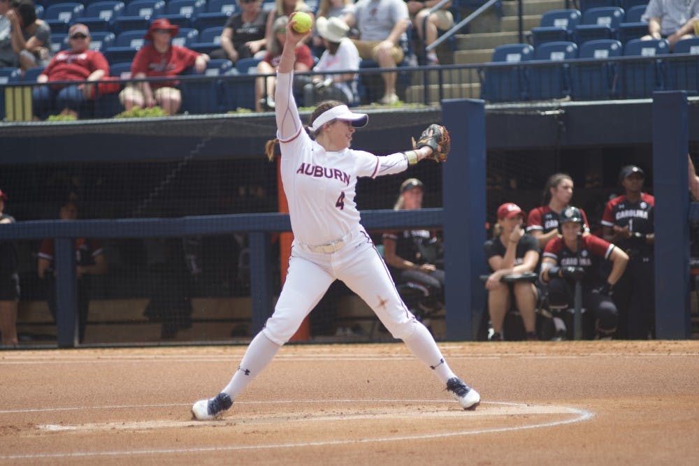Ashlee Swindle (4) pitches the ball during the Auburn softball vs. South Carolina game, Sunday, April 14, 2019, in Auburn, Ala. 