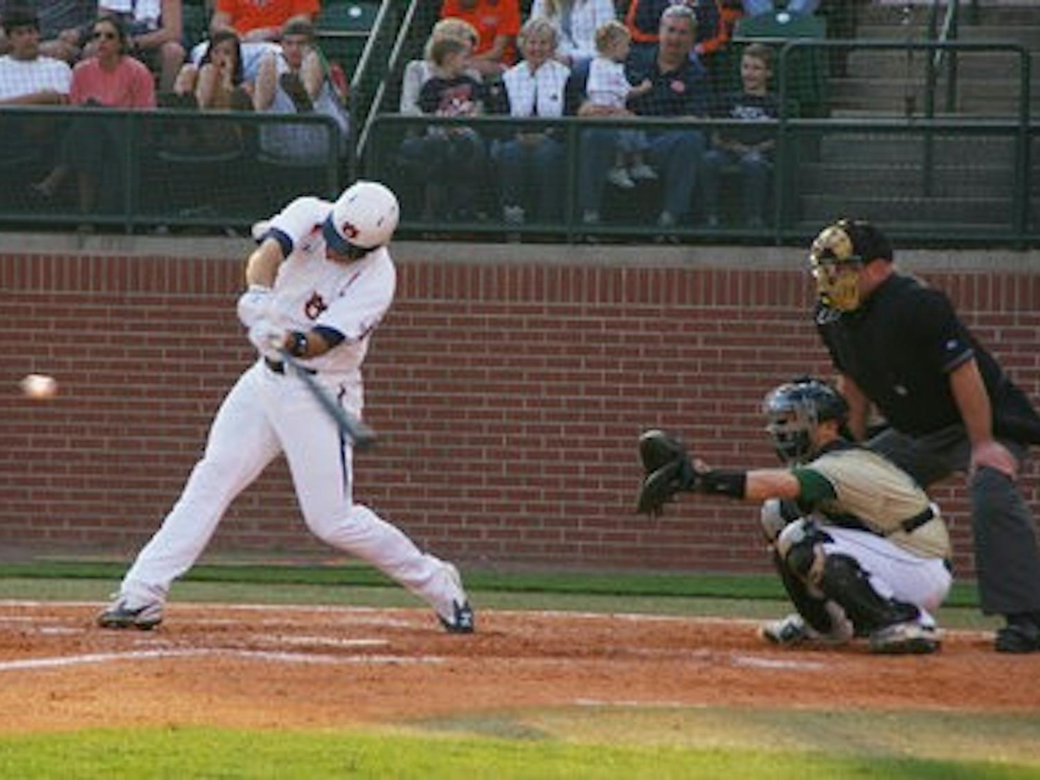 An Auburn player lines up for a hit against UAB. This weekend's tournament had one of the highest attendance rates. (Rebekah Weaver / Assistant Photo Editor)