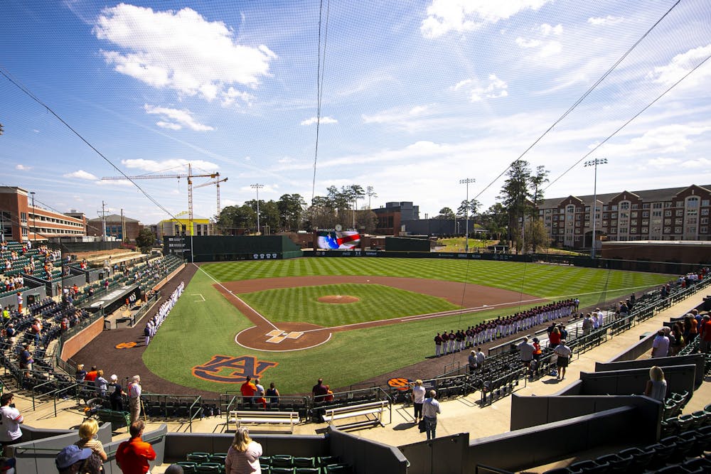 Mar 14, 2021; Auburn, AL, USA; Overall view during the national anthem before the game between Auburn and Little Rock at Plainsman Park. Mandatory Credit: Shanna Lockwood/AU Athletics