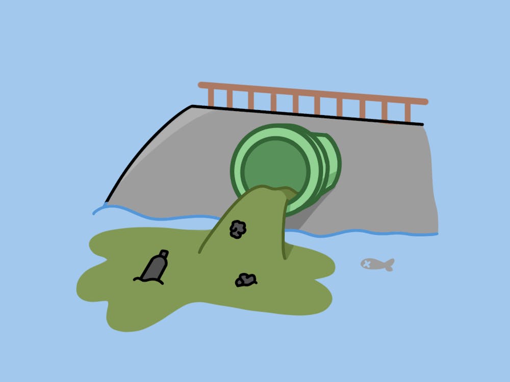An illustration of a sewage pipe with weed green liquid coming out of the mouth, pouring into the water