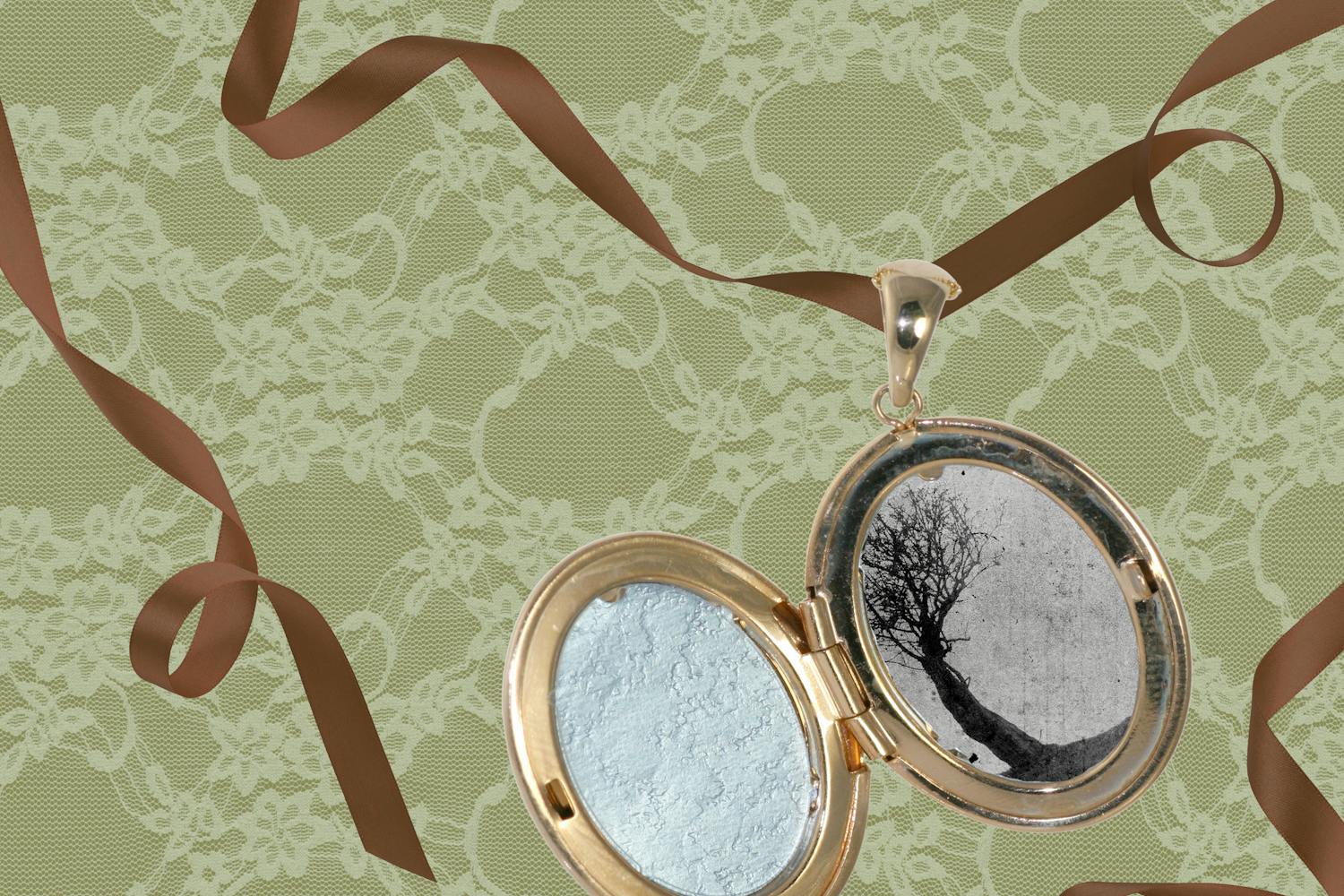 An open locket features a black-and-white image of a tree, set against a lace-covered green background with bronze ribbons.