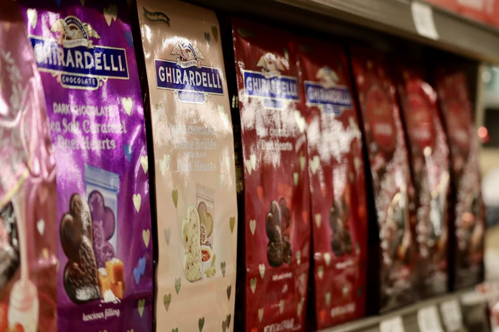 Valentine’s Day chocolates sit on the shelves in a local supermarket on Feb. 12, 2023.