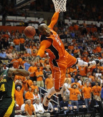 Auburn's Rasheem Barrett is intentionally fouled by Baylor's LaceDarius Dunn in the first half of the NIT Baylor game on March 24, 2009. Baylor won 74-72. (Todd Van Emst / Auburn Media Relations)