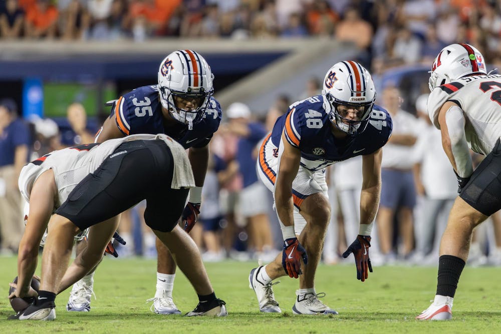 . Paul Thompson Jr. (#48) gets ready to make a play during the football game against Ball State in Jordan-Hare Stadium on Sept. 6, 2025.