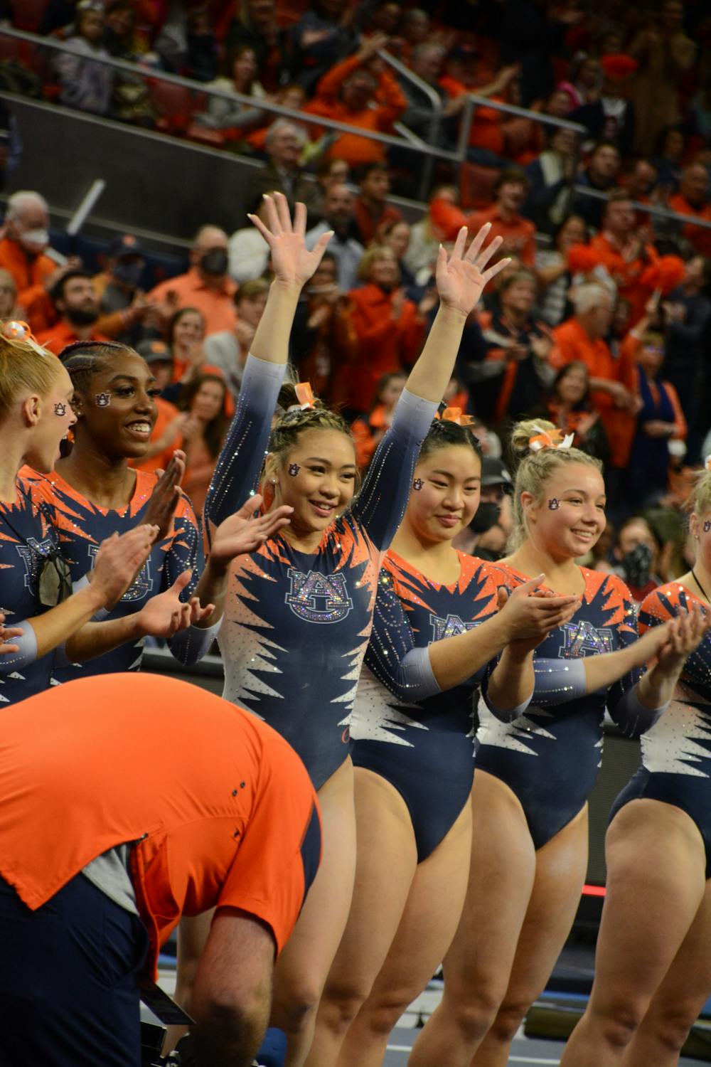 <p>Jan. 28, 2022; The Auburn gymnastics team celebrates a win over Alabama from Auburn Arena in Auburn, Ala.</p>
