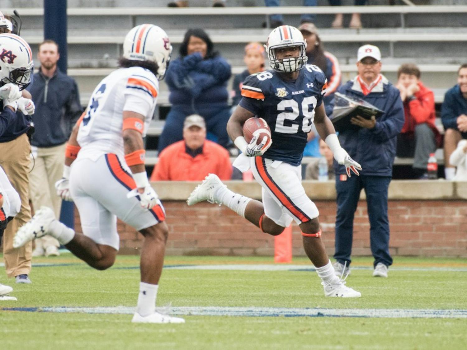 JaTarvious Whitlow (28) runs downfield&nbsp;during Auburn's A-Day game on Saturday, April 7, 2018, in Auburn, Ala.