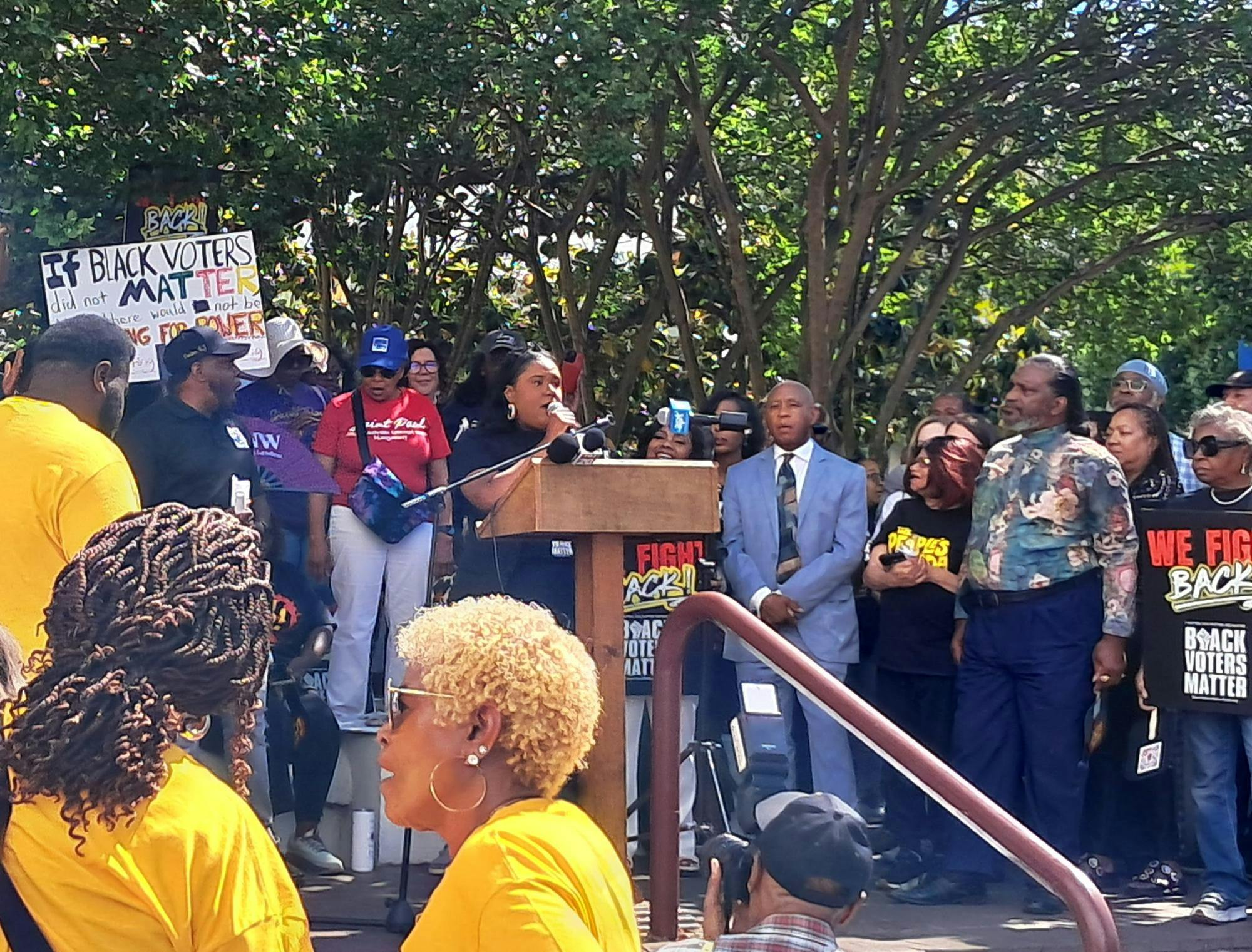 Deanna Reed, the Alabama state organizing manager for Black Voters Matter, speaks at a rally outside the State House on May 4, 2026.