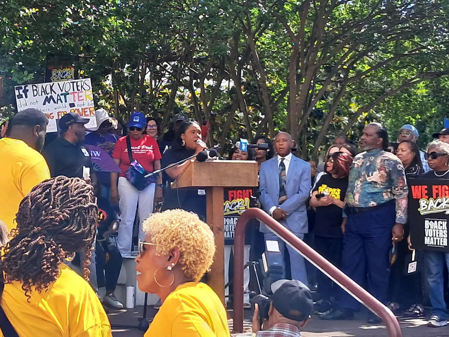 Deanna Reed, the Alabama state organizing manager for Black Voters Matter, speaks at a rally outside the State House on May 4, 2026.