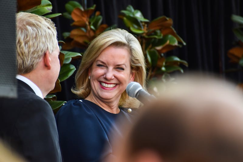 Connie Neville shares a smile with her husband Bill Neville at a name dedication ceremony for the newly named Neville Arena on March 4, 2022.
