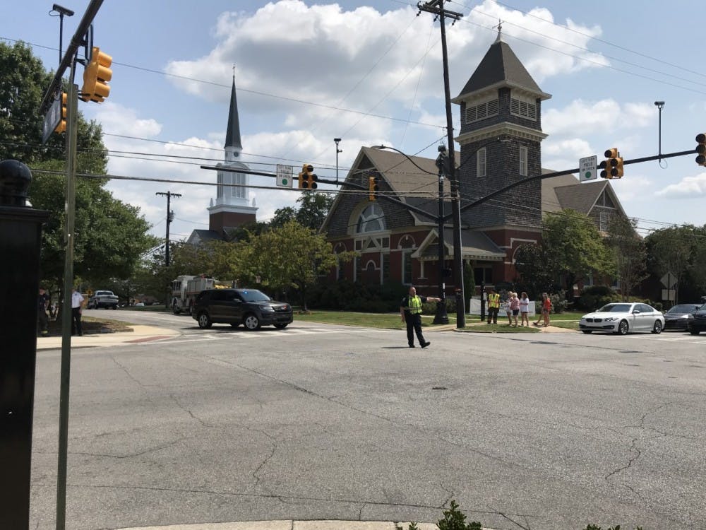 <p>The corner of Gay Street and Magnolia Avenue is one intersection affected by the power outage on Sept. 7, 2019, in downtown Auburn, Ala.</p>
