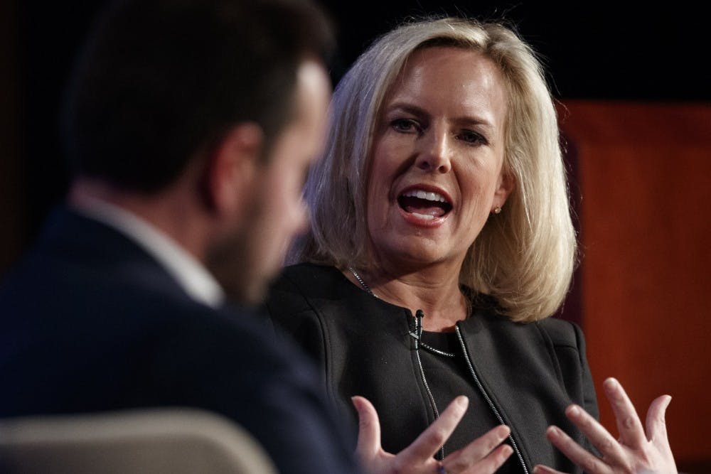 <p>Homeland Security Secretary Kirstjen Nielsen, joined by Director of Auburn University's McCrary Institute for Cyber and Critical Infrastructure Security Frank Cilluffo, so speaks at George Washington University on March 18, 2019.</p>