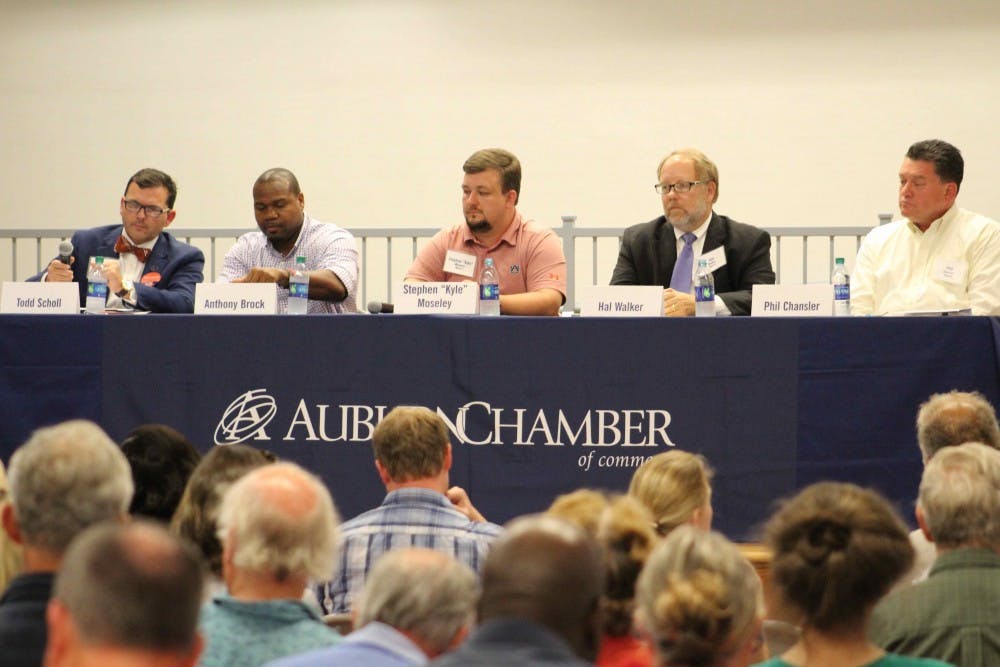 <p>The Ward 2&nbsp;candidates&nbsp;for Auburn's City Council answered the audience's questions at a forum on Thursday night, Aug. 23, 2018, in Auburn, Ala. From left to right: Todd Scholl, Anthony Brock, Stephen "Kyle" Moseley, Hal Walker and Phil Chansler.</p>