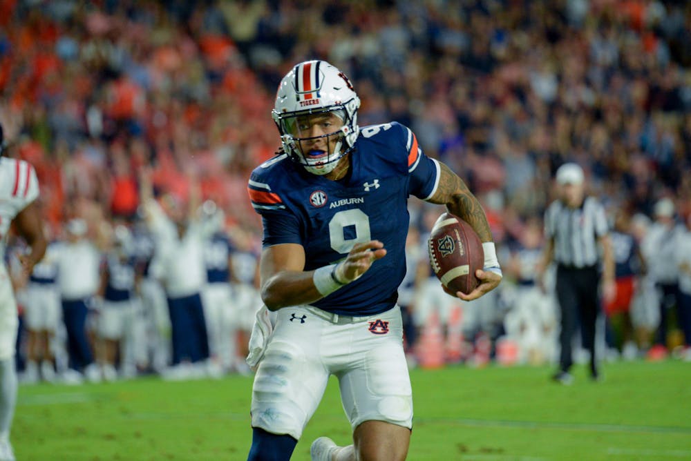<p>Robby Ashford (#9) is in possession of the ball at Auburn versus Ole Miss in Jordan-Hare Stadium on October 21st 2023.</p>