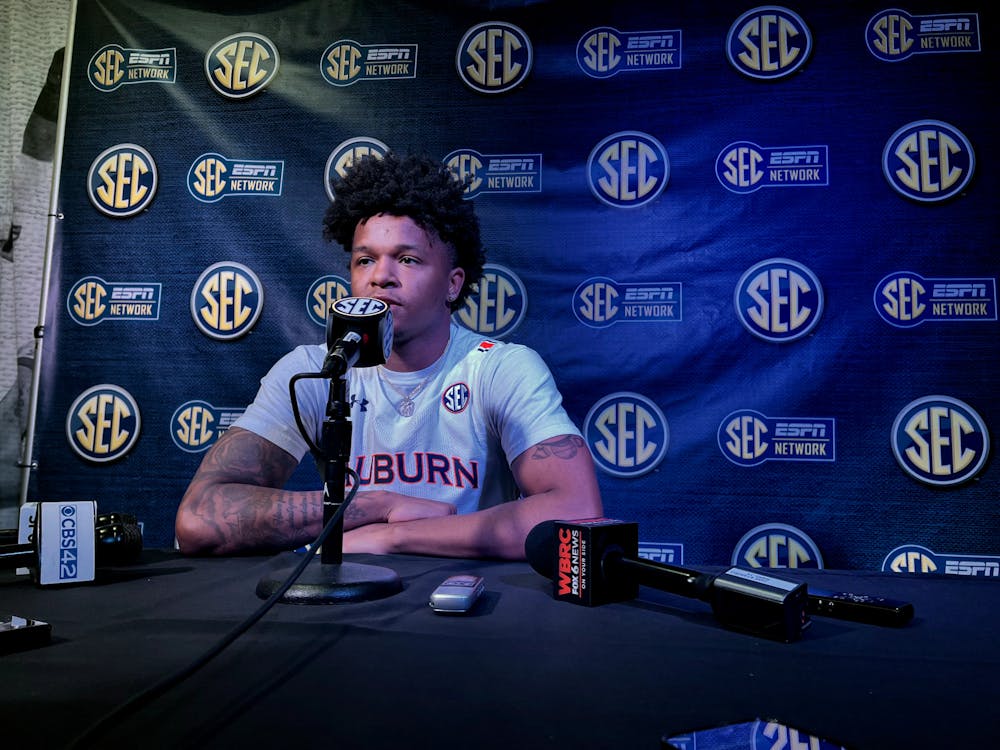 <p>Wendell Green Jr. addresses the media as one of Auburn's two representatives at the SEC Tipoff for men's basketball on Oct. 19.</p>