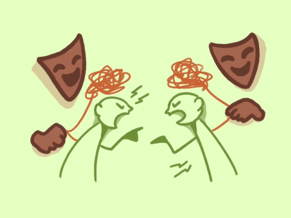 Two abstract figures are arguing, connected by tangled strings by two masked figures above them.