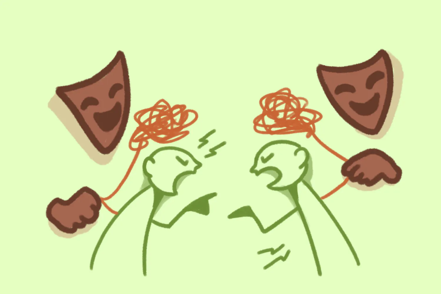 Two abstract figures are arguing, connected by tangled strings by two masked figures above them.