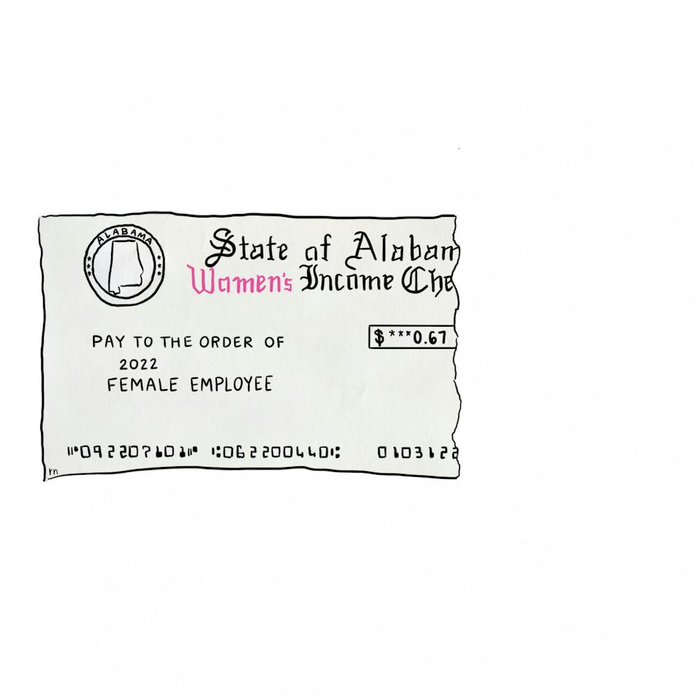 <p>Graphic of an Alabama income check representing the gender pay gap in the state.</p>