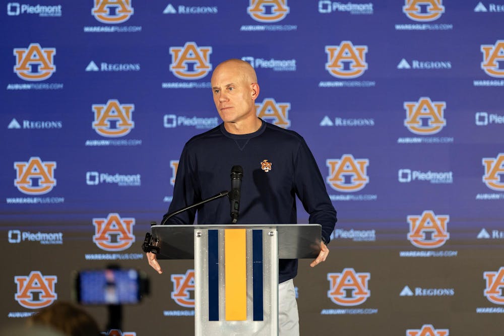 <p>DJ Durkin speaks during a press conference in the Woltosz Football Performance Center on November 3, 2025.</p>