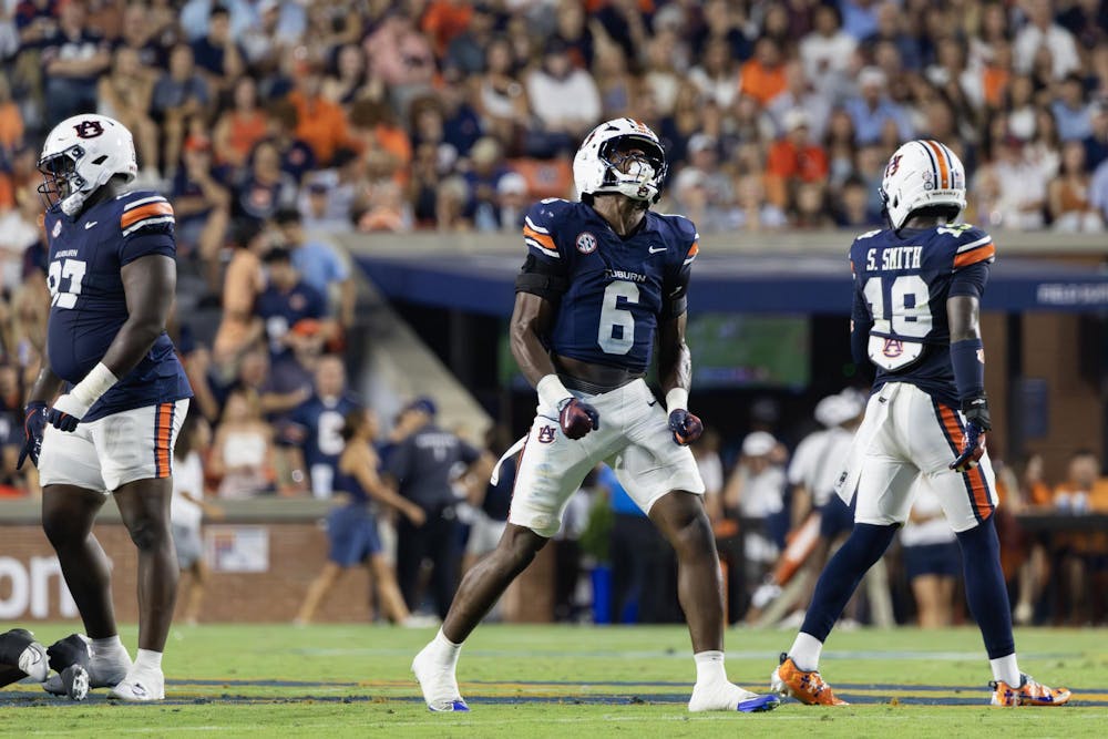 Demarcus Riddick (#6) celebrates a defensive play during the football game against Ball State in Jordan-Hare Stadium on Sept. 6, 2025.