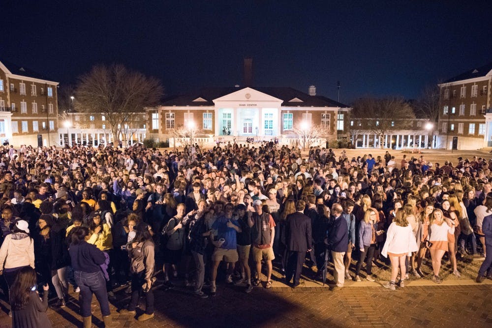 <p>Students await the results of SGA Callouts&nbsp;on Tuesday night, Feb. 6, 2018, in Auburn, Ala.</p>