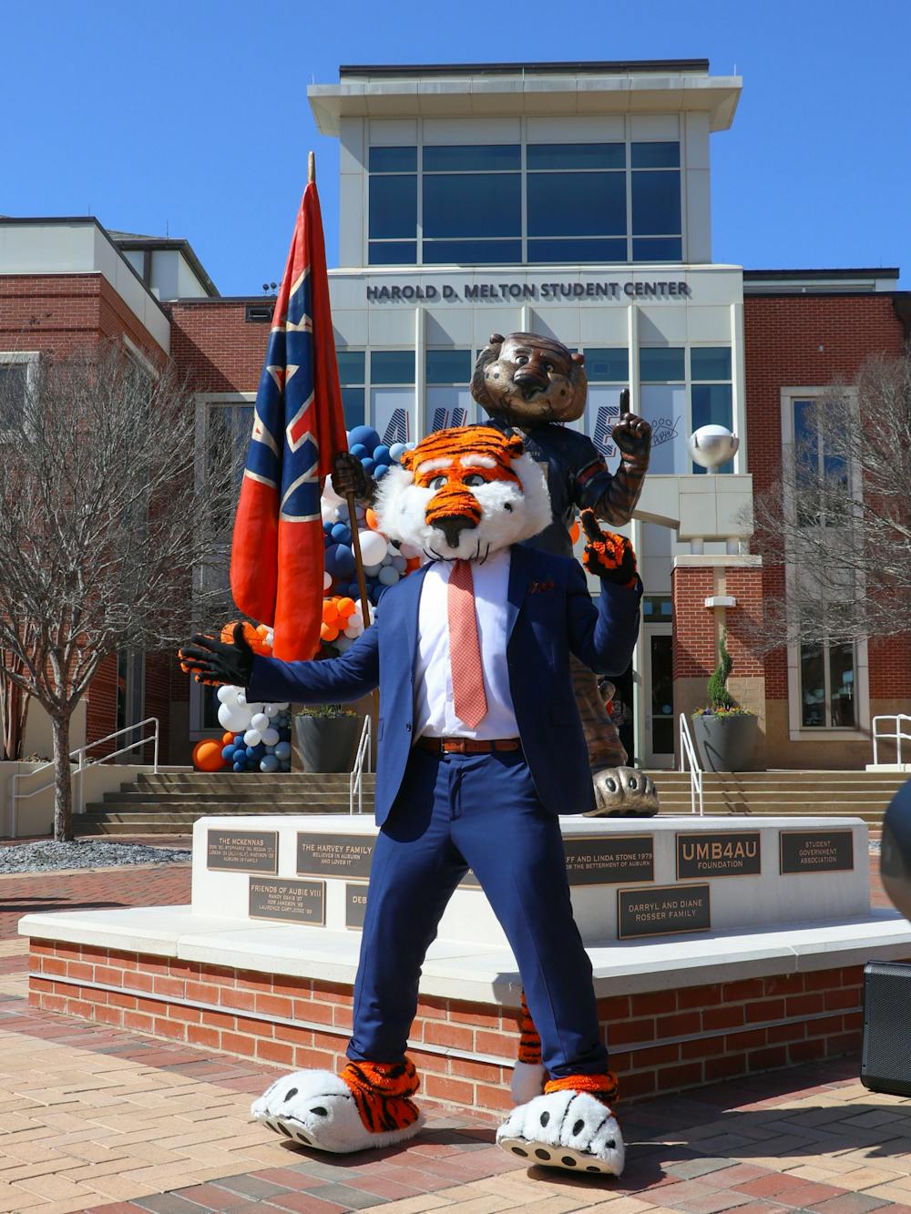 Aubie standing in front of his freshly unveiled statue outside the Melton Student Center on February 24, 2024.