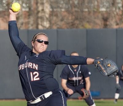 Senior pitcher Lauren Schmalz winds up against Oklahoma State University Feb. 17 in Auburn. (Courtesy of Missy Hazeldine)