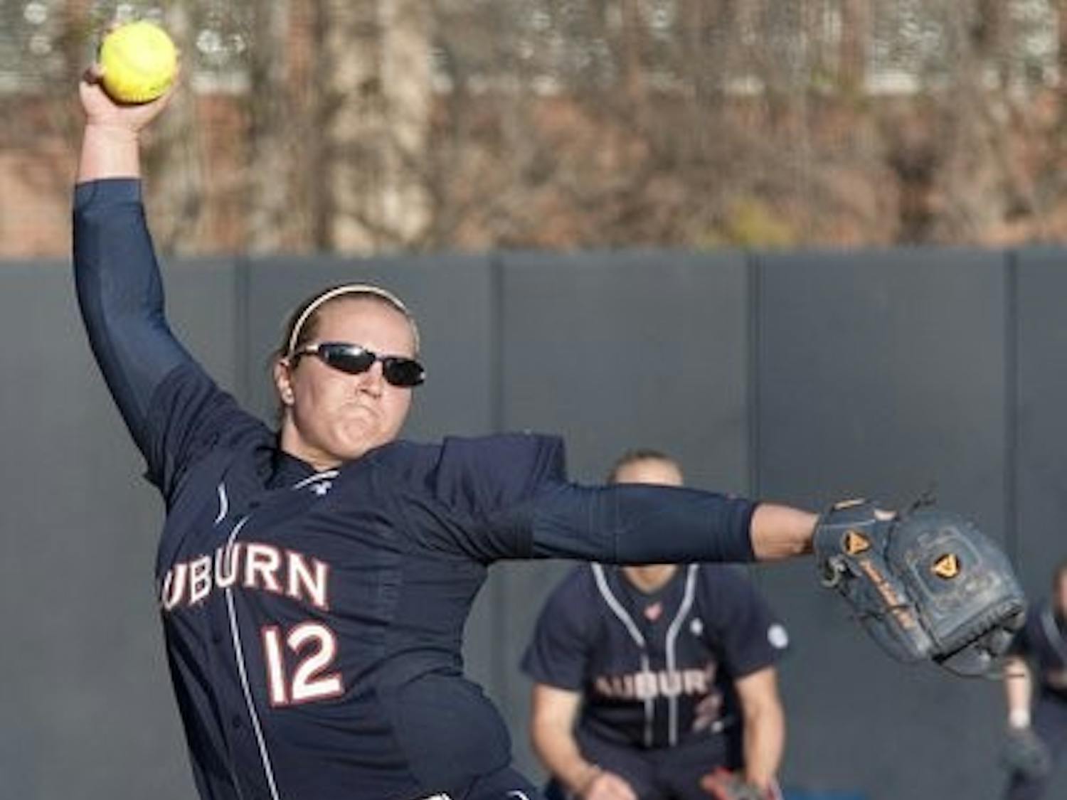 Senior pitcher Lauren Schmalz winds up against Oklahoma State University Feb. 17 in Auburn. (Courtesy of Missy Hazeldine)