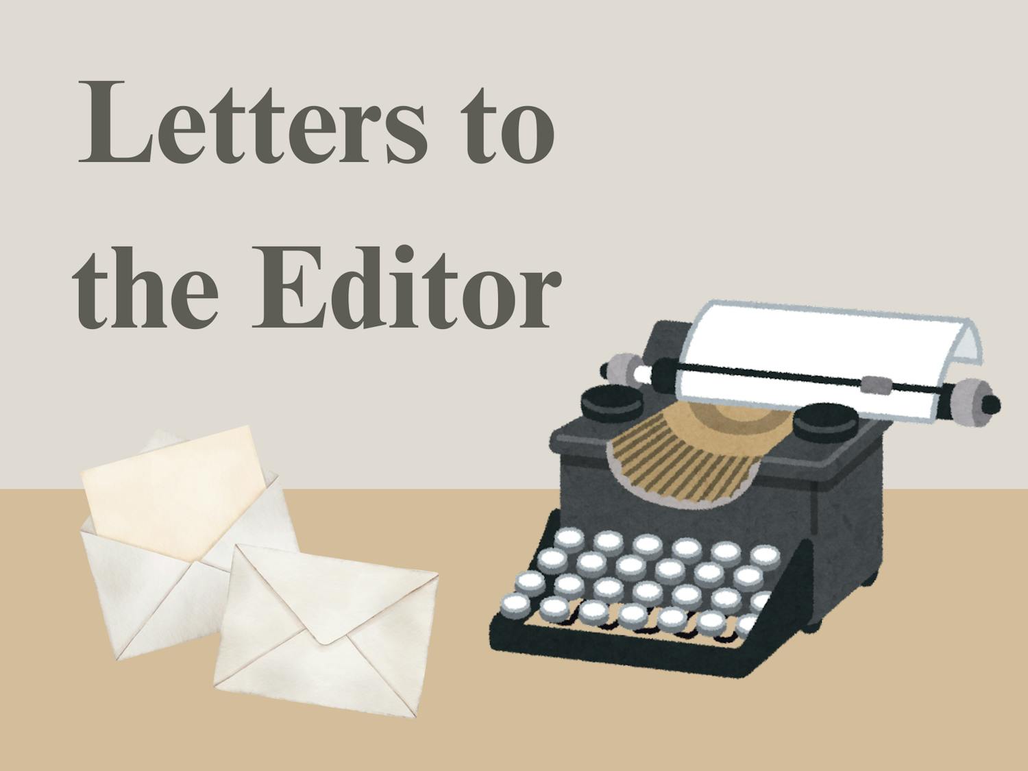 Typewriter with paper and envelopes, with side text reading, "Letters to the Editor."