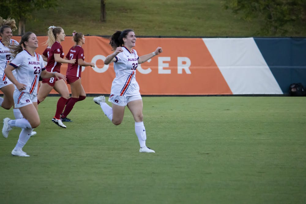 <p>Maddie Simpson (#32) enthusiastically celebrates her teammate's goal vs. Arkansas at the Auburn Soccer Complex on Oct. 8th, 2023.</p>