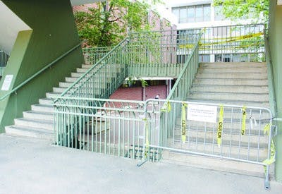 The Haley Center stairs in between quadrants two and three have been blocked off because falling chunks of concrete. (Emily Adams / PHOTO EDITOR)