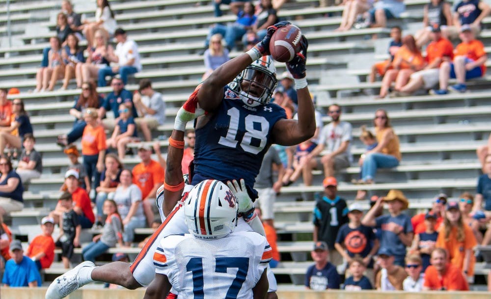 <p>Seth Williams (18) catches a touchdown over Roger McCreary (17) during Auburn's A-Day spring game on April 13, 2019, in Auburn, Ala.</p>
