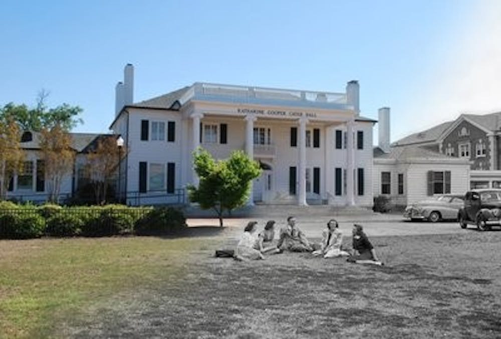 Jeffrey Bolan, junior in aerospace engineering, blends photographs of buildings from the past and present to show a changing Auburn. This photo of Cater Hall is the building in the present with former Auburn women gathering on the lawn. The parked cars indicate a road used to be nearby. (Courtesy of Jeffrey Bolan)