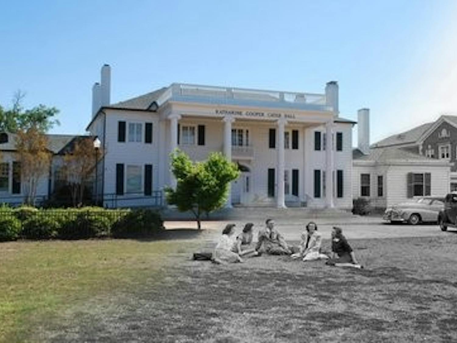 Jeffrey Bolan, junior in aerospace engineering, blends photographs of buildings from the past and present to show a changing Auburn. This photo of Cater Hall is the building in the present with former Auburn women gathering on the lawn. The parked cars indicate a road used to be nearby. (Courtesy of Jeffrey Bolan)