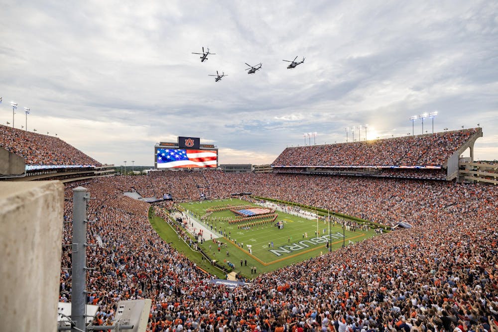 The flyover during the National Anthem in Jordan-Hare Stadium prior to the football game against Ball State on Sept. 6, 2025