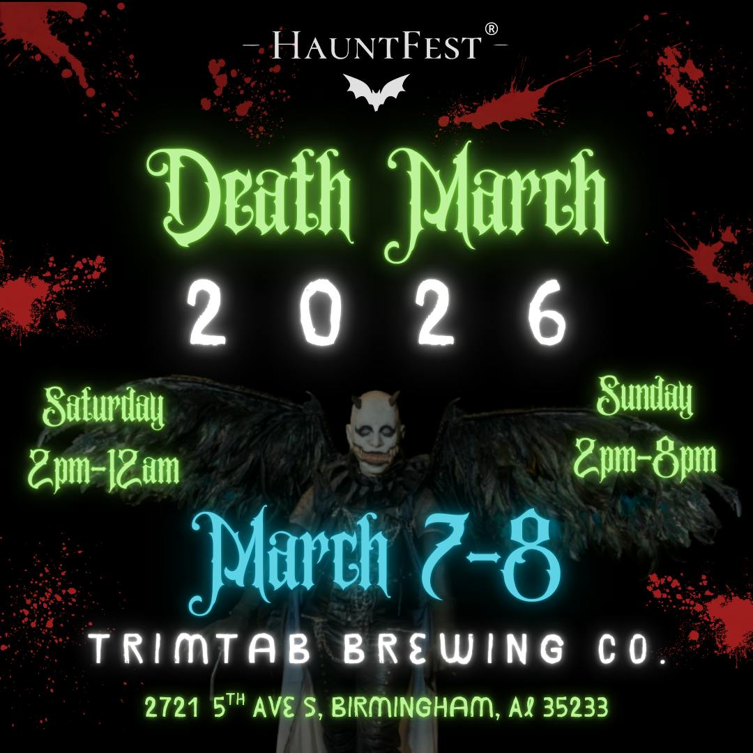 A dark poster features a skeletal figure with wings, announcing the "Death March 2026" event details and location.