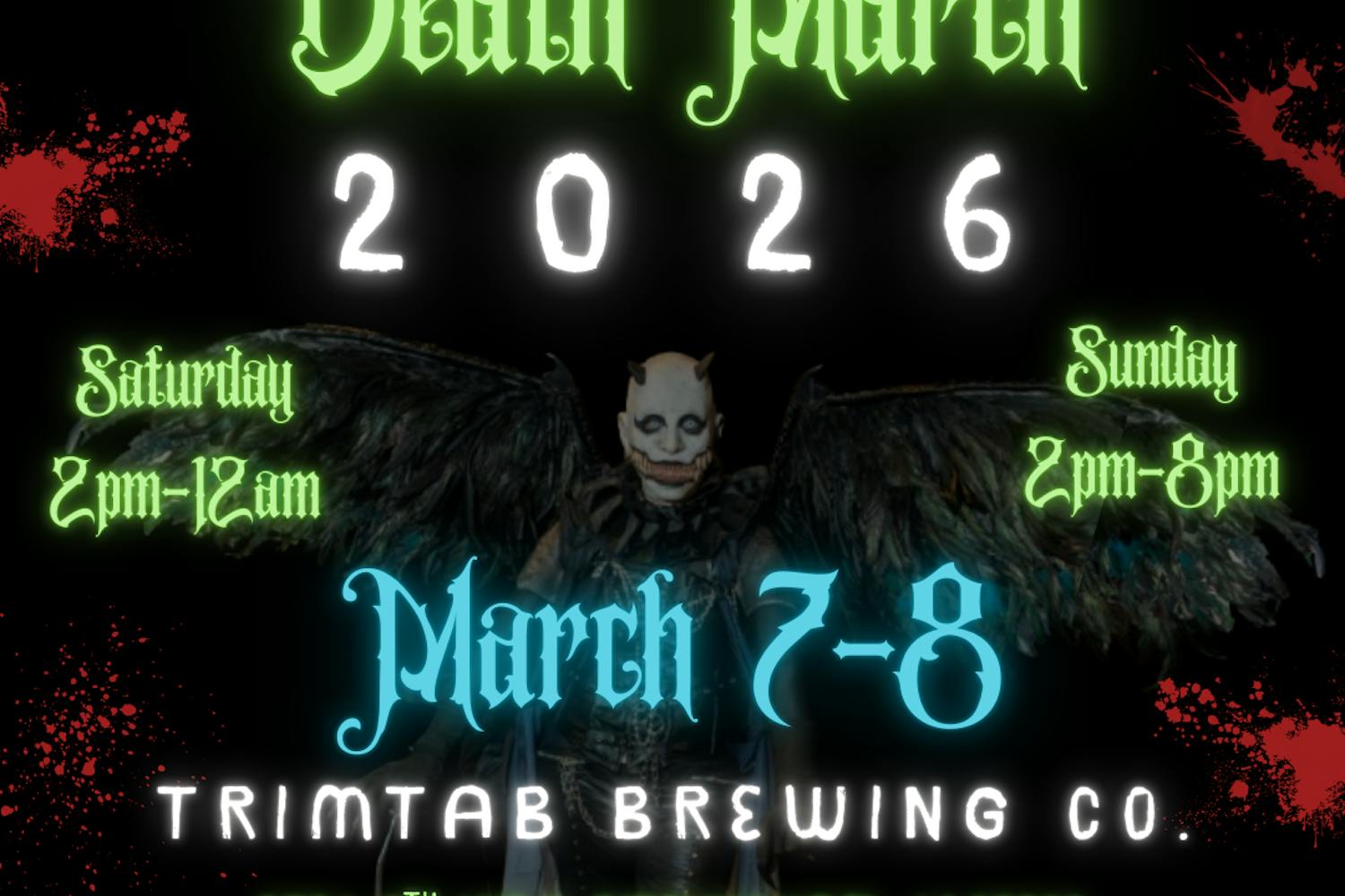 A dark poster features a skeletal figure with wings, announcing the "Death March 2026" event details and location.