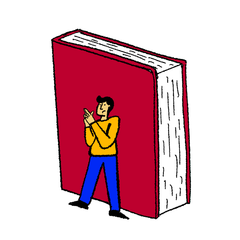 Man hiding behind a book with a finger gun