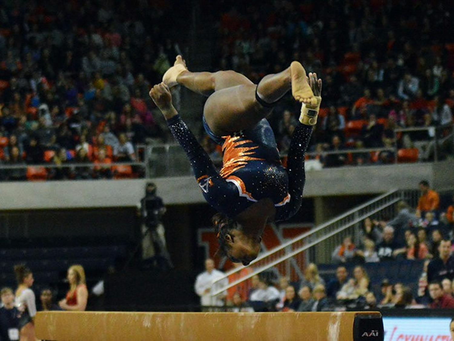 Bri Guy during her Beam routine. Auburn Gymnastics vs Arkansas in Auburn, AL on Jan 23, 2015. Emily Enfinger | PHOTO EDITOR