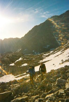 Anna Wells and Brooke Donald begin their ascent of Mt. Whitney.  Their group was the only girls on the mountain. (Courtesy of Brooke Donald)