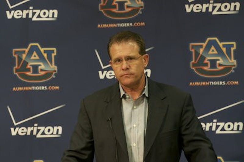 Gus Malzahn speaking to the media at his weekly press conference on Tuesday. (Anna Grafton / PHOTO EDITOR)