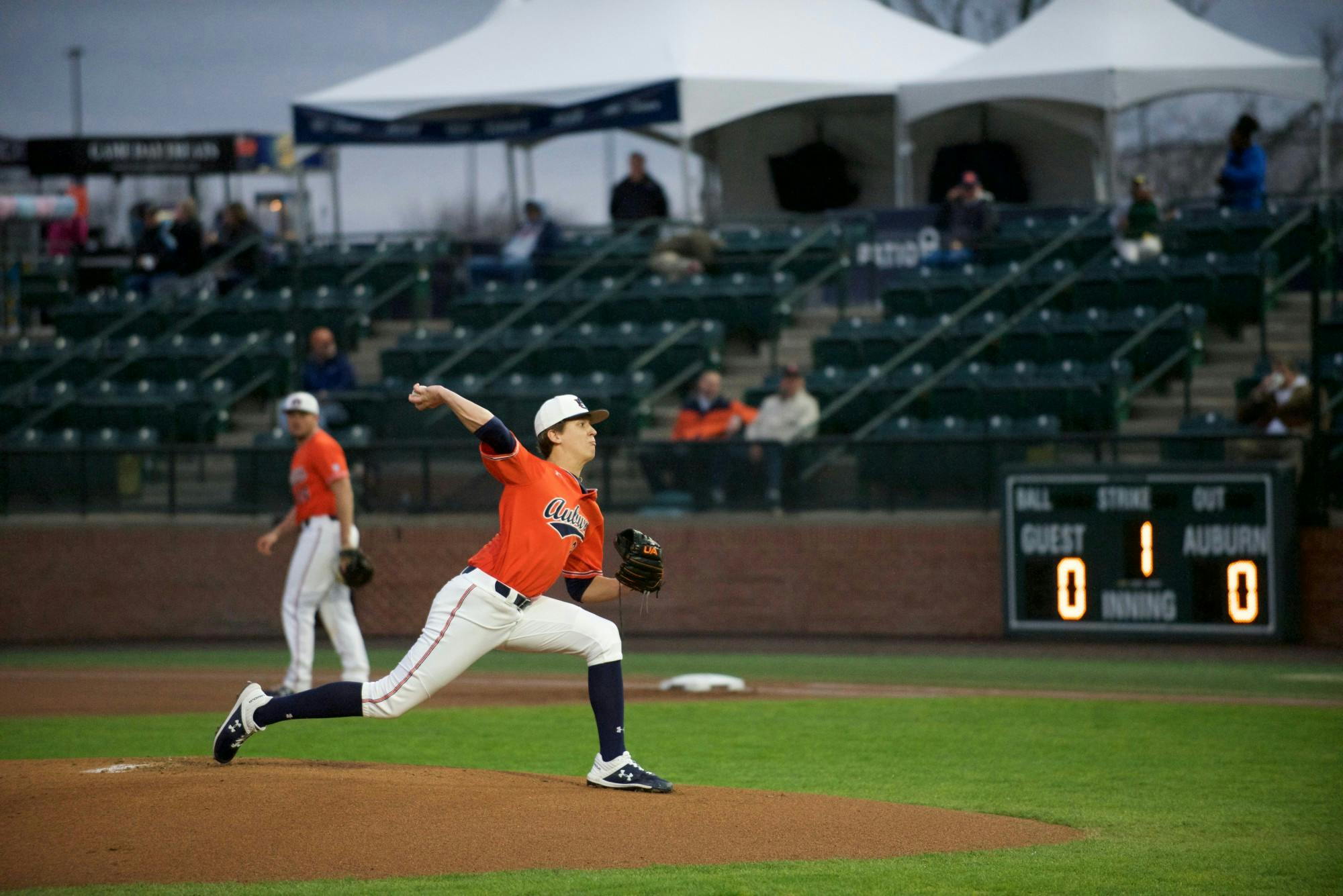 Trice Bright (21) pitches in Auburn Baseball's win vs. Oakland on Feb. 19, 2020 in Auburn, AL