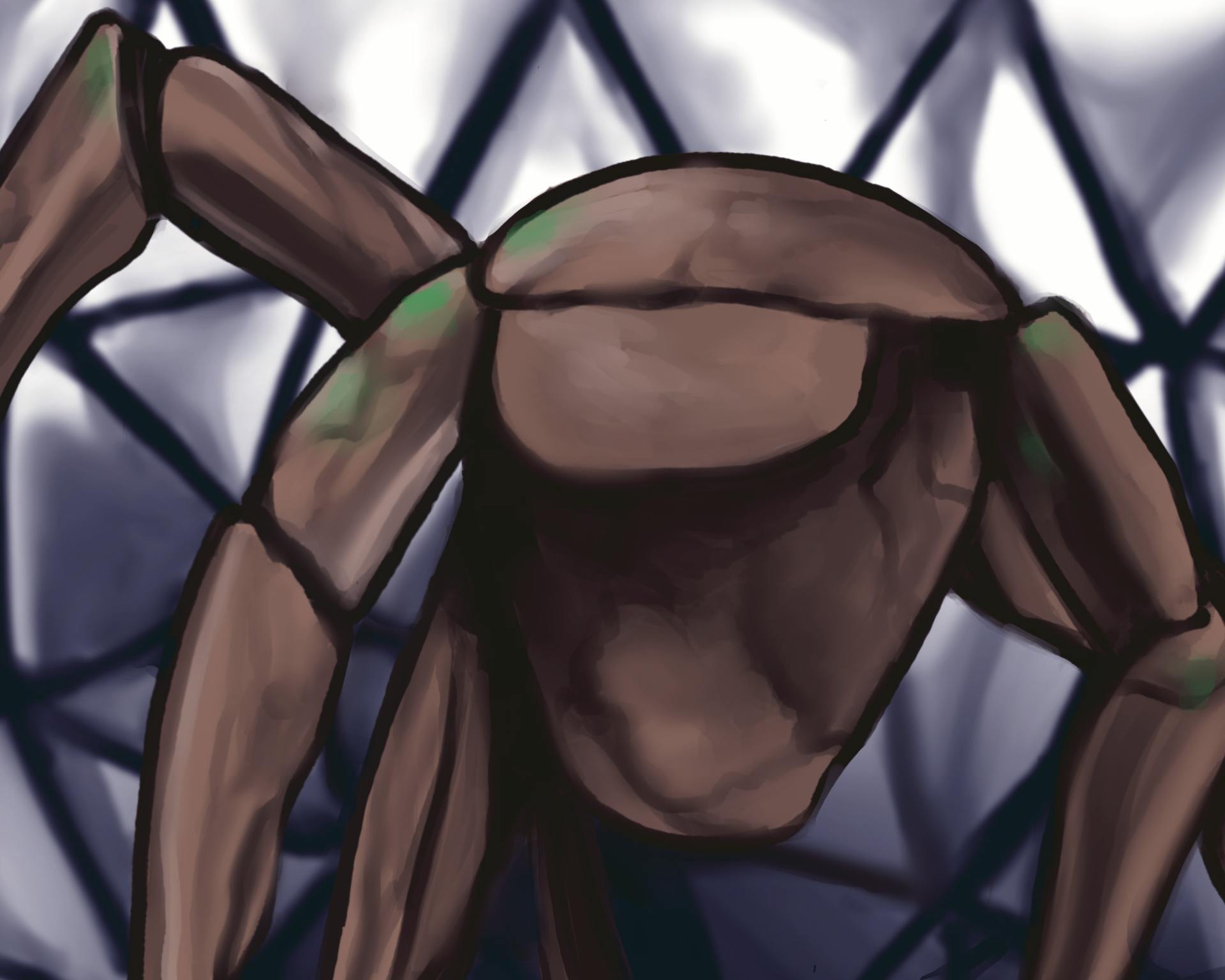 A large, brown, segmented creature with long limbs is set against a geometric background of intersecting lines.