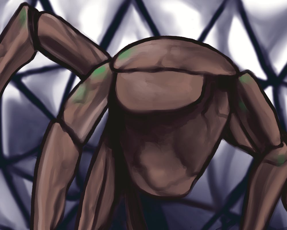 <p>A large, brown, segmented creature with long limbs is set against a geometric background of intersecting lines.</p>