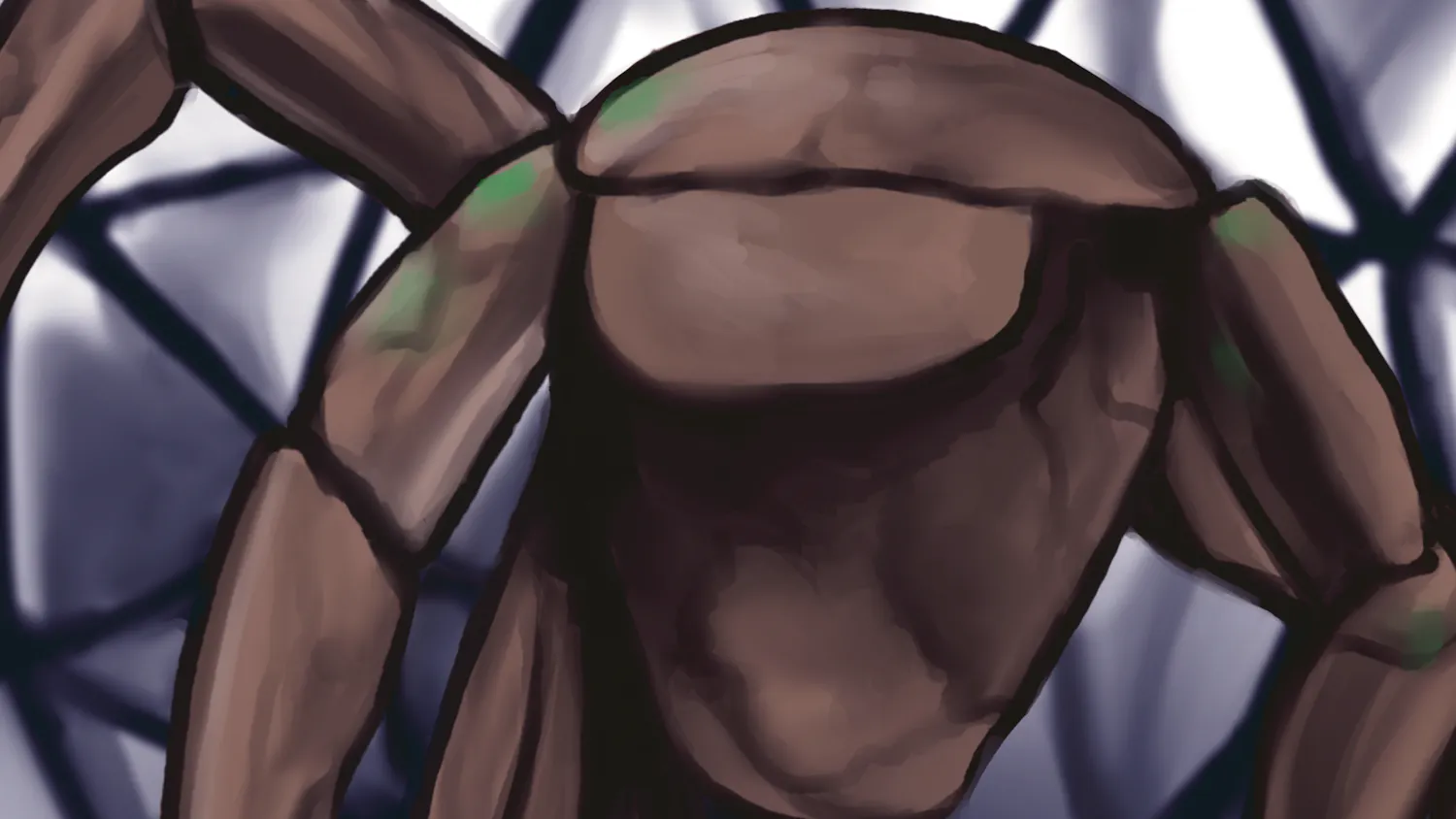 A large, brown, segmented creature with long limbs is set against a geometric background of intersecting lines.