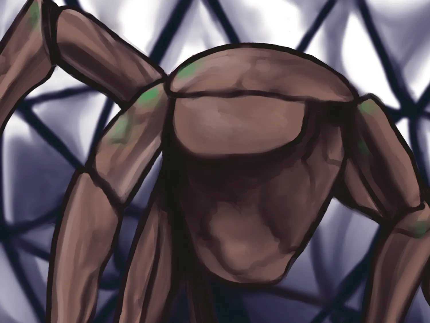 A large, brown, segmented creature with long limbs is set against a geometric background of intersecting lines.